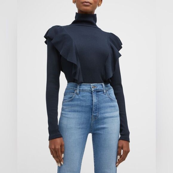 Veronica Beard Freida Black Ruffle Turtleneck Top Medium - Picture 1 of 5